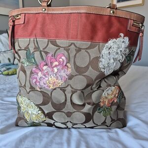 Vintage Coach Red and Brown Floral Tote Bag